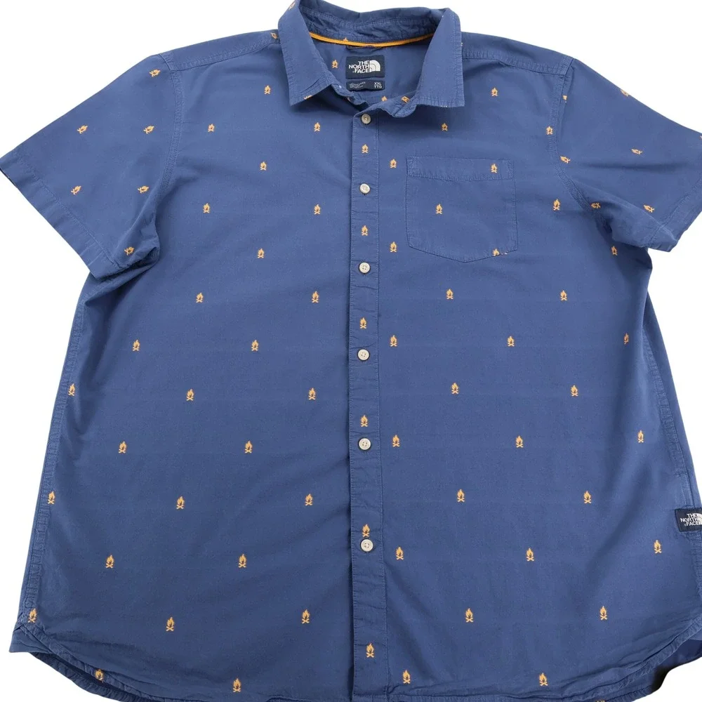 The North Face Mens XXL Blue Embroidered Campfire Short Sleeve Button Down Shirt